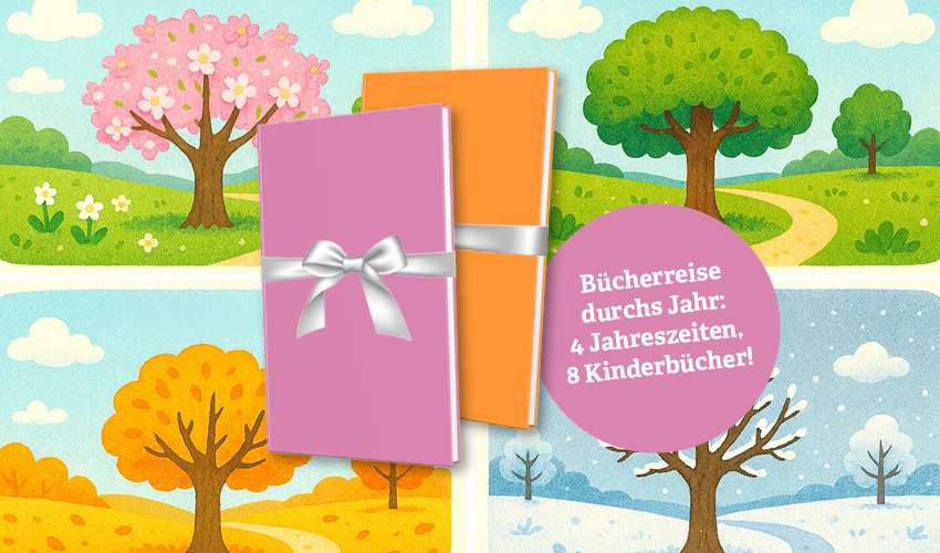 Illustration mit vier Jahreszeiten als Hintergrund (Frühling, Sommer, Herbst, Winter). In der Mitte zwei eingepackte Kinderbücher in Rosa und Orange mit Schleife. Rechts ein runder Hinweis mit der Aufschrift Bücherreise durchs Jahr: 4 Jahreszeiten, 8 Kinderbücher!.
