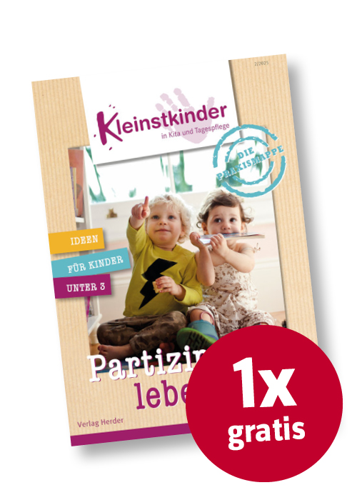 Titelseite Kleinstkinder in Kita und Tagespflege Die Praxismappe 2/25 mit rotem Button "1x gratis"