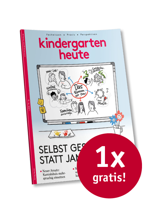 Titelseite kindergarten heute - Das Fachmagazin 1/2026 mit Button "1x gratis"