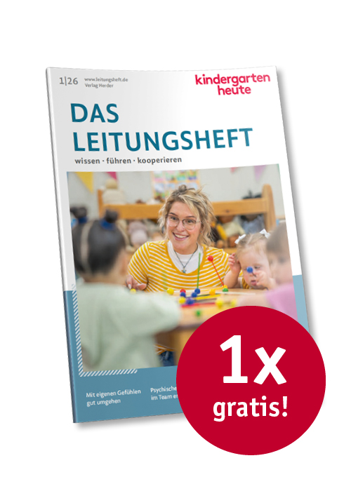 Titelseite kindergarten heute - Das Leitungsheft 1/2026 mit Button "1x gratis"