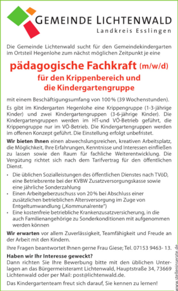 Pädagogische Fachkraft Gemeinde Lichtenwald