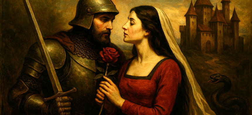 Historistisches Gemälde: Zwei Personen stehen eng beieinander, ein Schwert und eine rote Rose sind sichtbar. Im Hintergrund eine Burg unter wolkigem Himmel.