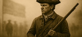 Fotorealistisches, historisch wirkendes Motiv mit nebliger Landschaft; im Zentrum steht eine Person in historischer Kleidung, im Hintergrund eine schemenhafte Fahne ohne erkennbare Details.