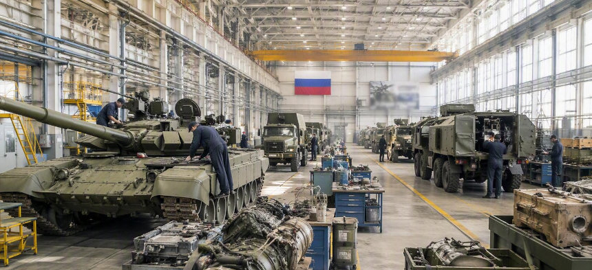 Männer montieren in einer Maschinenhalle Panzer