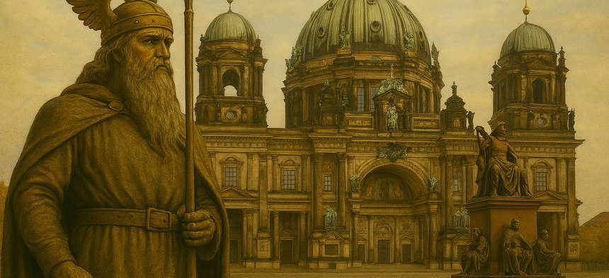 Historistisch gestaltete Szene mit einer großen Bronzestatue des Gottes Wotan im Vordergrund, dahinter der Berliner Dom mit symmetrischer Kuppelarchitektur und ein allegorisches Denkmal mit Figuren aus der Nibelungensage auf einem leeren Platz