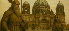 Historistisch gestaltete Szene mit einer großen Bronzestatue des Gottes Wotan im Vordergrund, dahinter der Berliner Dom mit symmetrischer Kuppelarchitektur und ein allegorisches Denkmal mit Figuren aus der Nibelungensage auf einem leeren Platz
