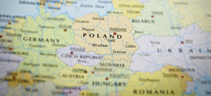 Es ist den Ausschnitt einer Karte von Europa zu sehen, mit Fokus auf Polen.