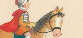 Eine Illustration von Sankt Martin, wie er auf einem Pferd reitet.