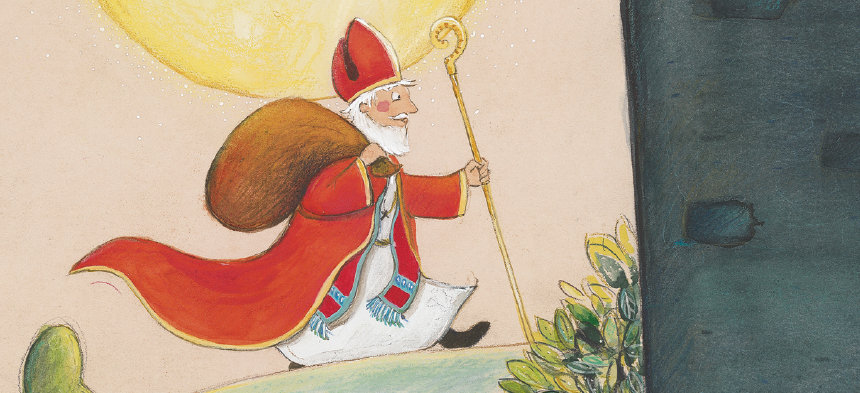 Eine Illustration vom St. Nikolaus, wie er über eine Wiese läuft.