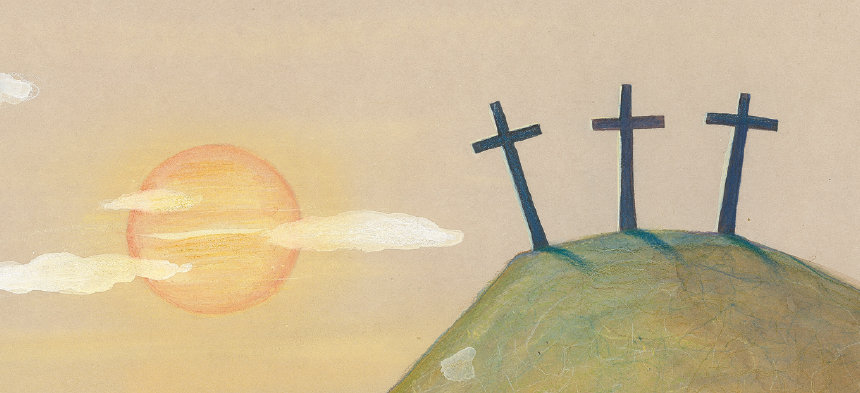 Eine Illustration eines grünen Hügels mit zwei Kreuzen darauf, daneben die untergehende Sonne.