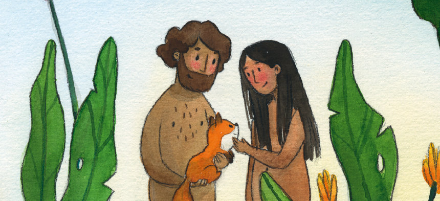 Eine Illustration von Adam und Eva, Adam hat einen kleinen Fuchs in der Hand. 