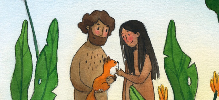 Eine Illustration von Adam und Eva, Adam hat einen kleinen Fuchs in der Hand. 