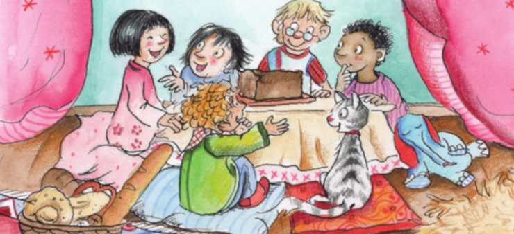 Eine Illustration von Kindern, die auf dem Boden an einem Tisch sitzen, um Brot zu Essen.