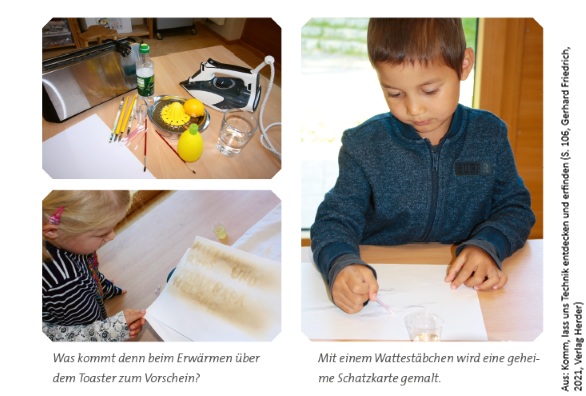 Es ist eine Collage von der Durchführung des Impulses zu sehen. Alle Utensilien versammelt links oben, links unten ein Mädchen, das ihr mit Geheimtinte beschriebenes Blatt über den Toaster hält. Rechts sehen wir einen Jungen, der ein Blattpapier mit Geheimtinte bemalt.