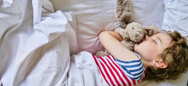 Längs liegend ist ein Junge in einem rot-blau gestreiften T-Shirt zugedeckt im Bett zu sehen. Er umarmt einen Plüsch-Hasen und schläft. 