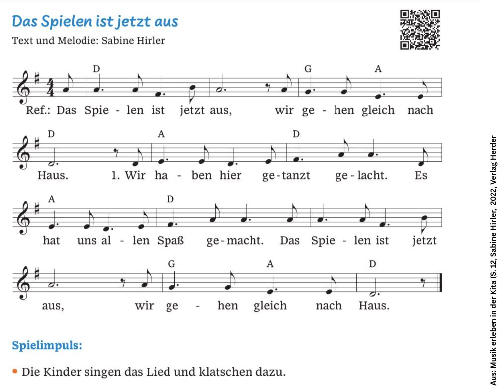 Liedtext und Noten des Abschiedslieds  "Das Spielen ist jetzt aus" von Sabine Hirler