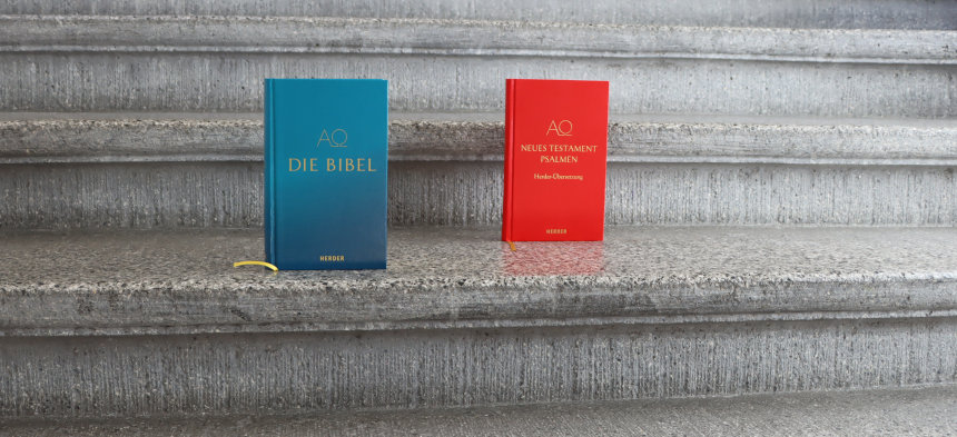 Auf einer Treppe stehen zwei Bücher, die Bibel und das neue Testament.