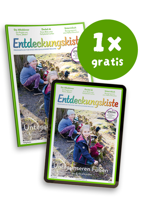 Titelseite Entdeckungskiste 3/2025 als Heft und im Tablet abgebildet mit Button "1x gratis".