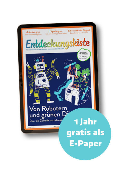 Titelseite Entdeckungskiste, daneben ein blauer Kreis mit dem Text "1 Jahr gratis als E-Paper"