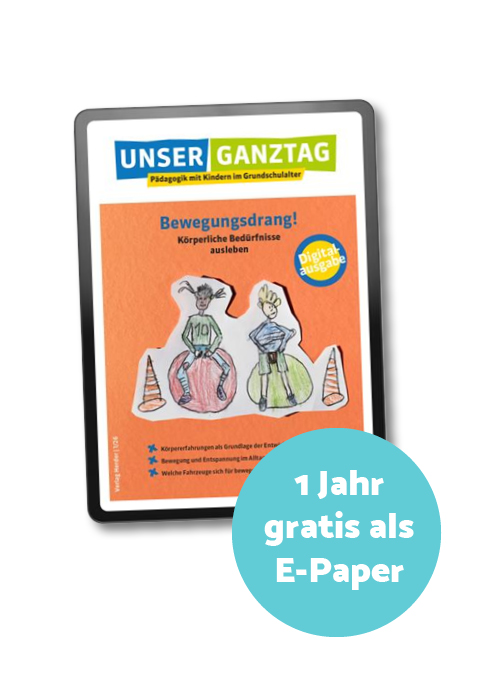 Titelseite Unser Ganztag, daneben ein blauer Kreis mit dem Text "1 Jahr gratis als E-Paper"