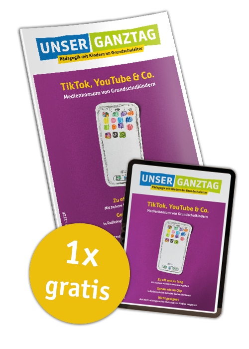 Titelseite Unser Ganztag 1/26 mit einem gelben Kreis links unten mit der Aufschrift "1x gratis"