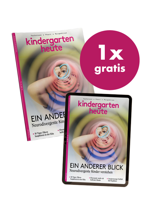 Titelseite kindergarten heute - Das Fachmagazin 10-26 als Printausgabe und digital in einem Tablet, rechts oben ein pinker Kreis mit dem Text "1x gratis"