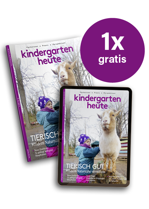 Titelseite kindergarten heute - Das Fachmagazin 4/26 als Printausgabe und digital in einem Tablet mit einem lilafarbenen Kreis mit der Aufschrift "1x gratis"