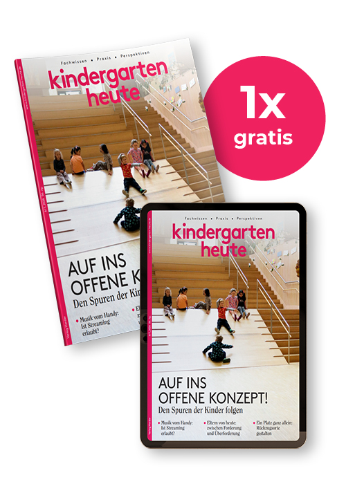 Titelseite kindergarten heute 6-7/26 als Printausgabe und digital in einem Tablet, rechts oben ein pinker Kreis mit der Aufschrift "1x gratis"