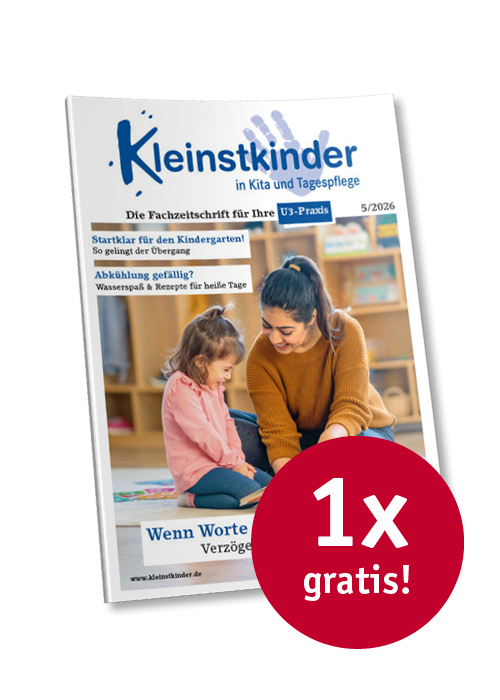 Titelseite Kleinstkinder in Kita und Tagespflege Ausgabe 5-26, daneben ein roter Kreis mit dem Text "1x gratis"