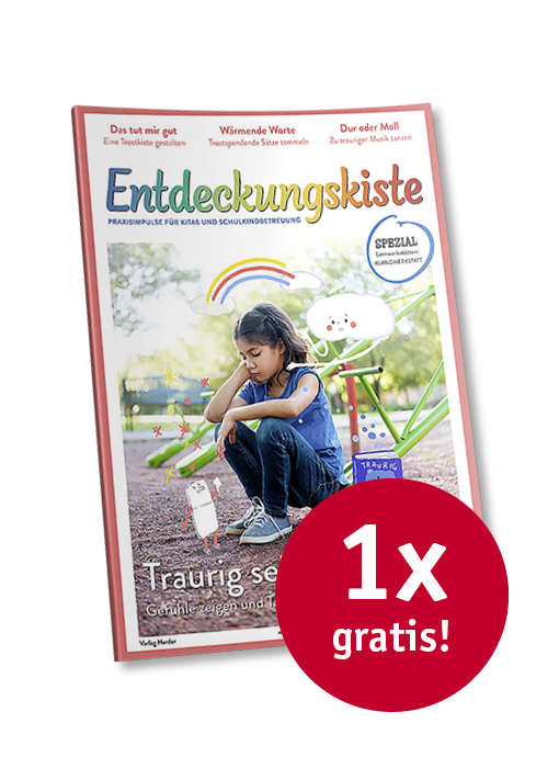 Titelseite Entdeckungskiste 3-26, daneben ein roter Kreis mit dem Text "1x gratis"