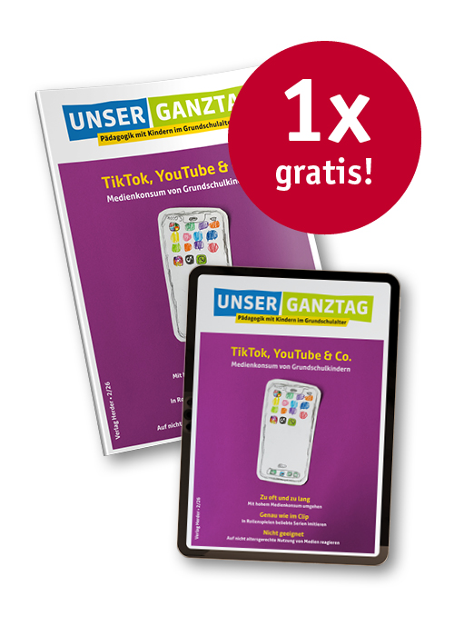Titelseite Unser Ganztag  2-26als Printausgabe und digital in einem Tablet, daneben ein roter Kreis mit dem Text "1x gratis"
