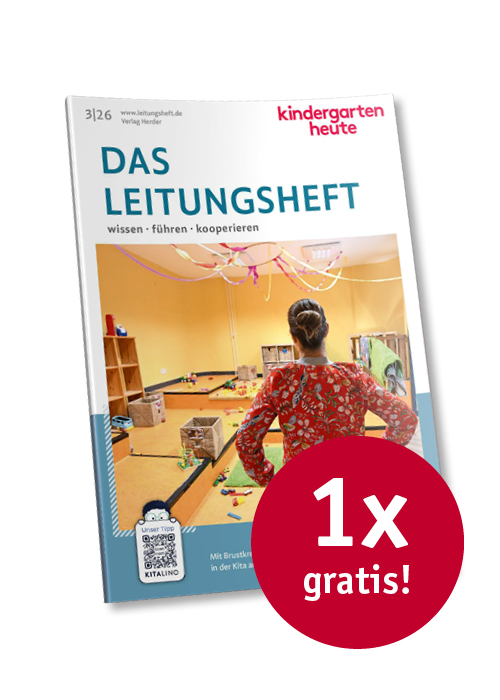 Titelseite kindergarten heute - das Leitungsheft Ausgabe 3-26, daneben ein roter Kreis mit dem Text "1x gratis"
