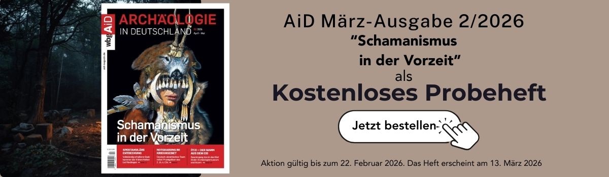 Werbebanner mit Magazincover zur Archäologie-Ausgabe über Schamanismus in der Vorzeit und Hinweis auf kostenloses Probeheft mit Bestellbutton