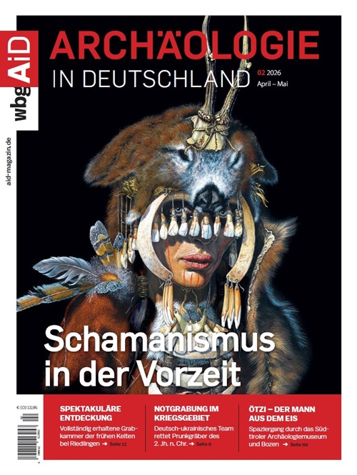 Titelblatt der Zeitschrift 'wbg AiD Archäologie in Deutschland' mit der Überschrift 'Schamanismus in der Vorzeit' und weiteren Artikeln zu archäologischen Themen