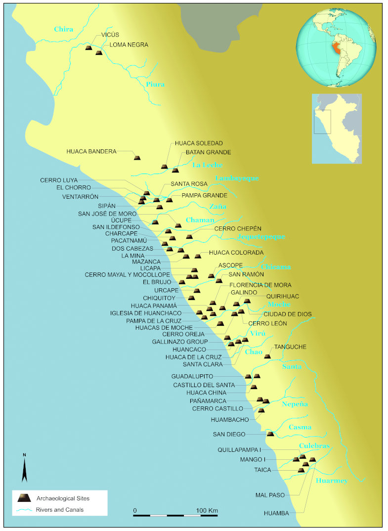 Die Nordküste Perus mit den vom Volk der Moche besiedelten Tälern und Fundorten.