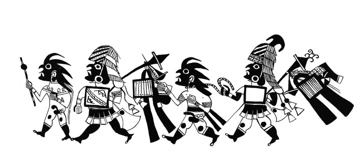 Besiegte Krieger werden entkleidet und als Gefangene zu den Opferplätzen gebracht.