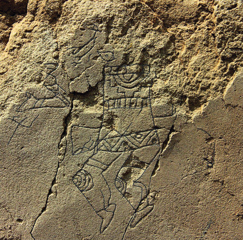 Graffiti von den bemalten Wänden der Huaca La Capilla: Krieger, bereit zum Kampf. Höhe der Figur etwa 10 cm.