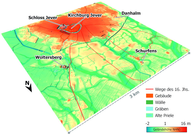 Geländemodell von Geest und Marsch bei Jever mit umliegenden Burgen. Die fünffach überhöhte Darstellung zeigt, in welchem Ausmaß die Marsch in zahlreiche, durch Priele voneinander getrennte Siedlungsareale zerfiel.