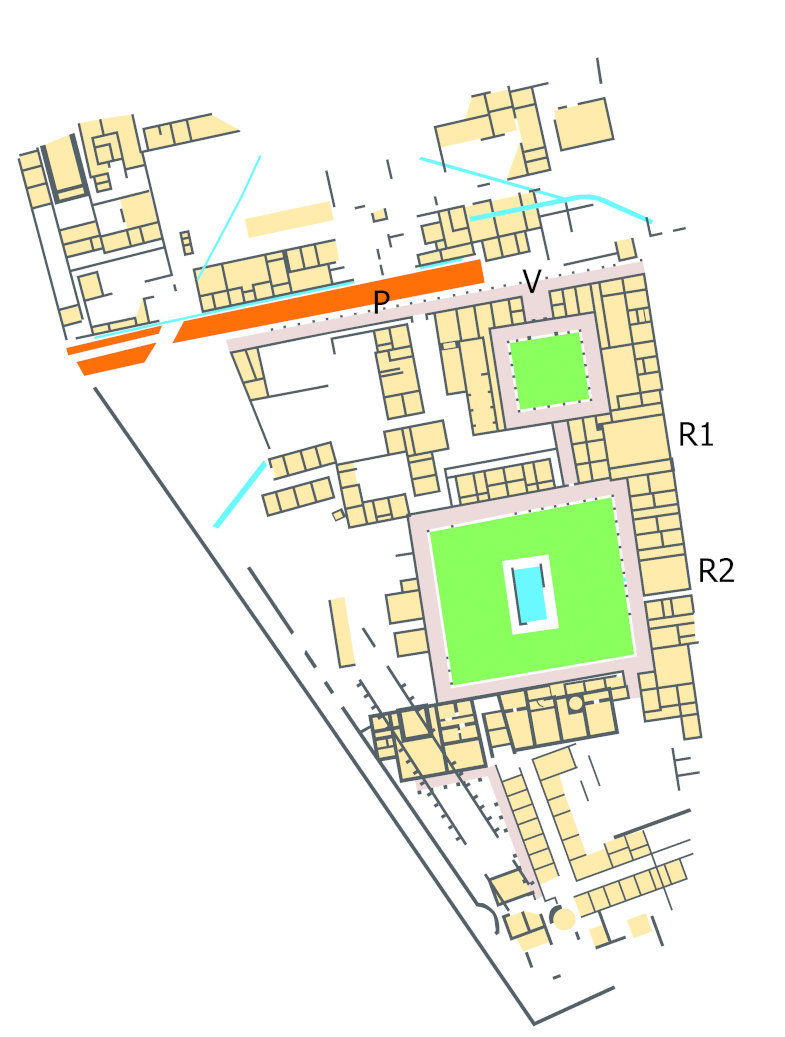 Rechs oben: Durch Interpretation der Radarmessungen konnte ein Stadtplan abgeleitet werden mit Portikus (P), Vestibulum (V) und einem zum Rheintal orientierten Osttrakt mit ungewöhnlich großen Räumen (R1, R2).