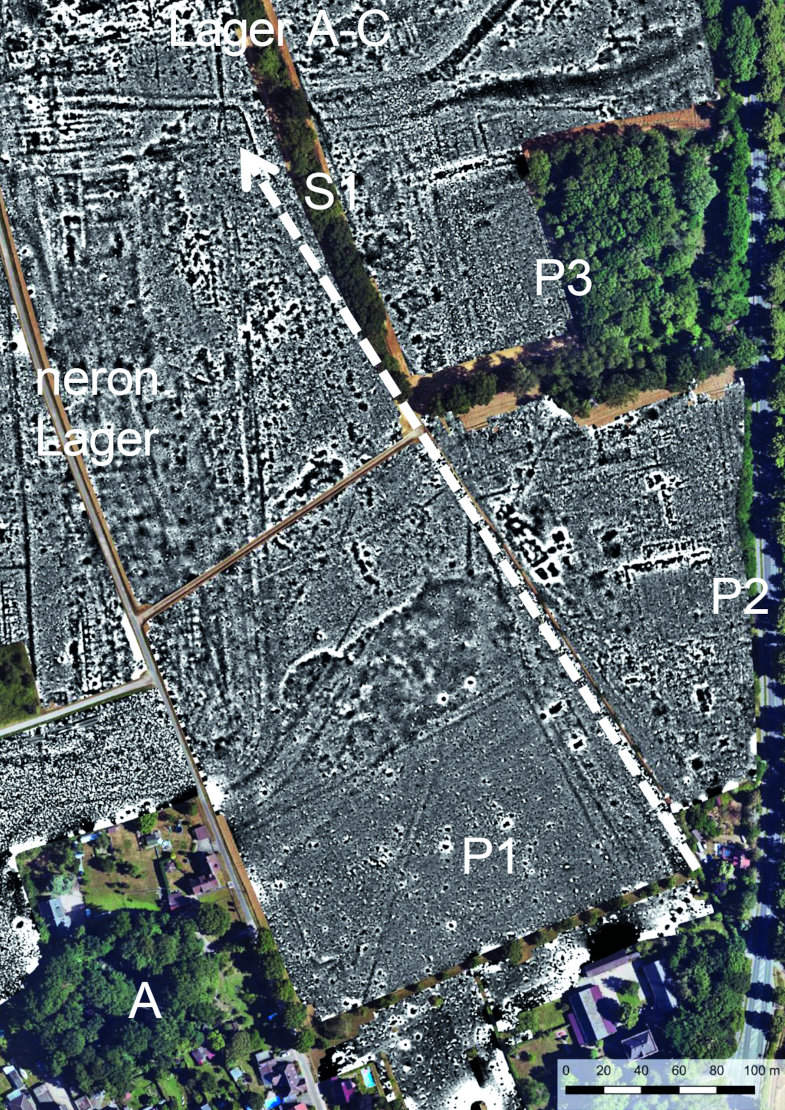 Magnetometermessungen auf dem Fürstenberg bei Xanten: Zivile Befunde im südöstlichen Vorfeld des Lagers Vetera I. Erfasst wurden Hofan lagen (P1 – P3), die Haupt straße (S1) sowie Strukturen der verschiedenen Legionslager aus augusteischer bis neroni scher Zeit.