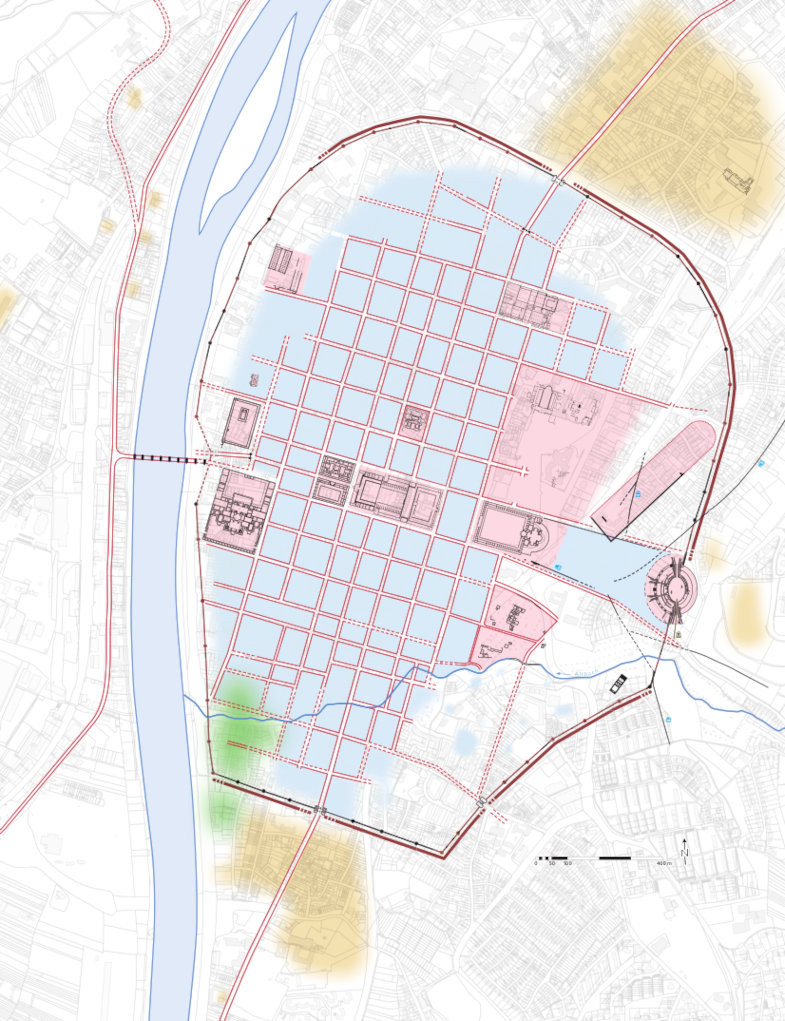 Trier im 4. Jh. n. Chr. Rosa Flächen mit öffentlichen Bauten, hellblau Wohnbebauung, grün Gewerbegebiete am Stadtrand, hellbraun Gräberfelder außerhalb der Mauern.