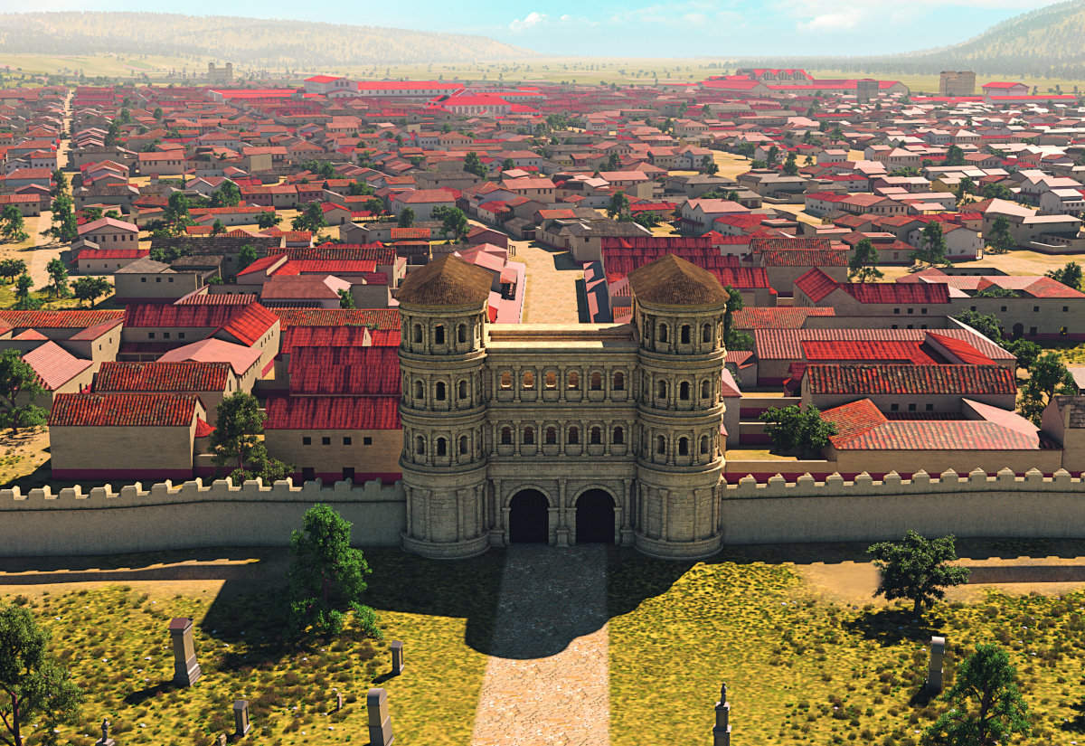 Unser Titelbild zeigt das Nordtor, die Porta Nigra, zur Glanzzeit der römischen Metropole, bis heute Wahrzeichen der Stadt Trier.