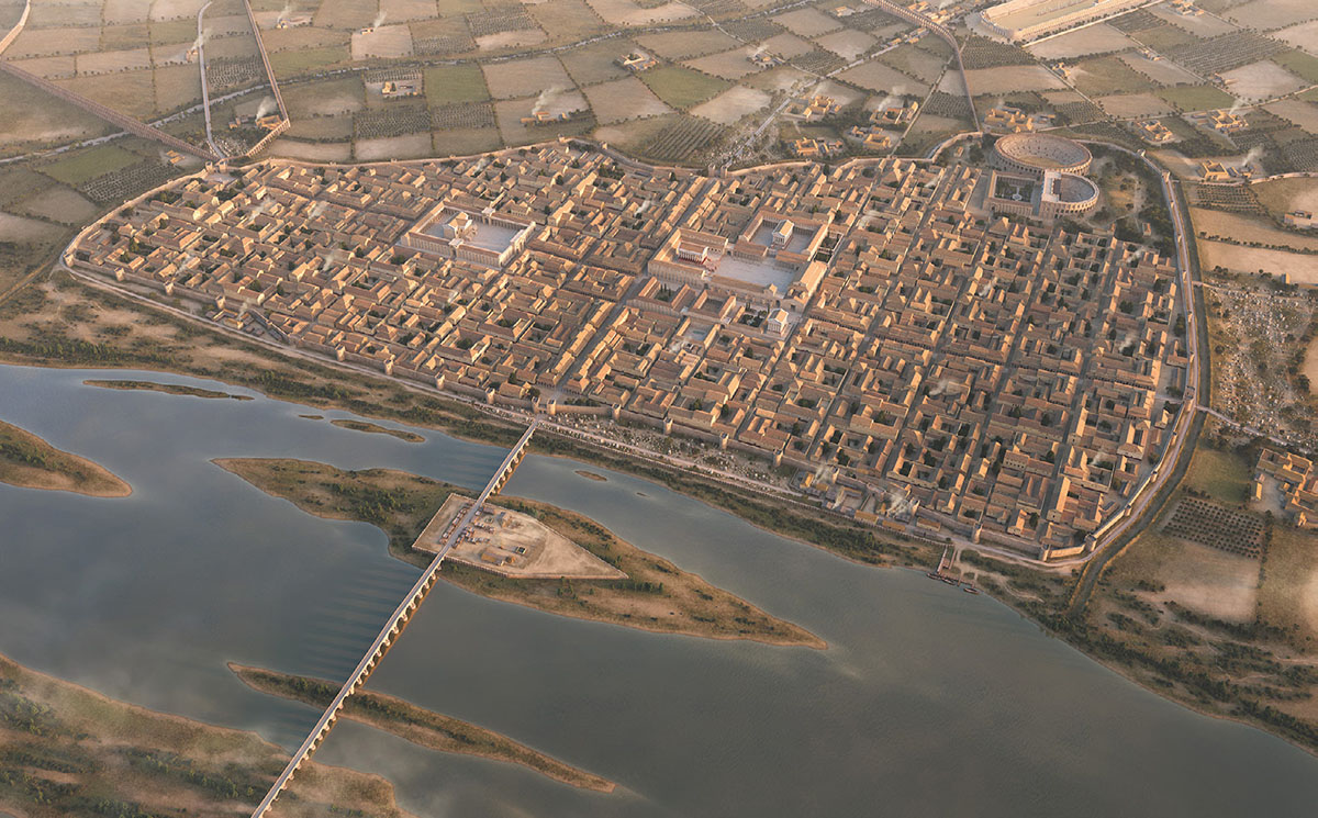 Die römische Colonia Augusta Emerita in der Extremadura Spaniens: Schon bei der Gründung durch Kaiser Augustus als Metropole geplant. Digitale Rekonstruktion.