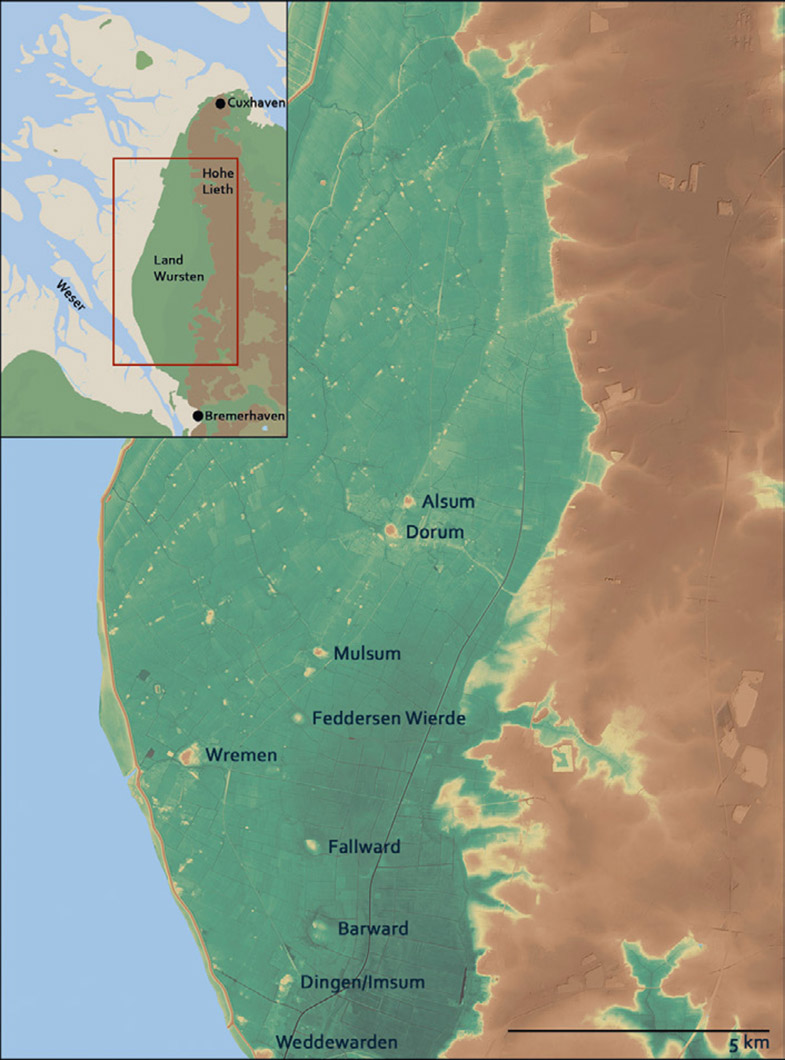 Karte der im heutigen Land Wursten gelegenen frühgeschichtlichen Wurten.