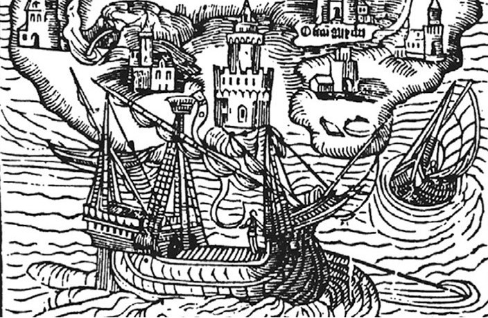 Der Holzschnitt zeigt eine frühe Vorstellung von Utopia in »De optimo rei publicae statu deque nova insula Utopia« von Thomas Morus, 1516.