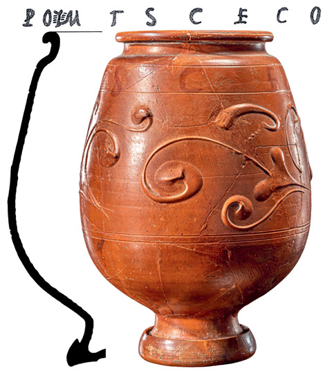Terra-sigillata-Becher aus einem spätrömischen Körpergrab mit der Inschrift »Misce Copo (=Caupo)! Mische Wirt!«.