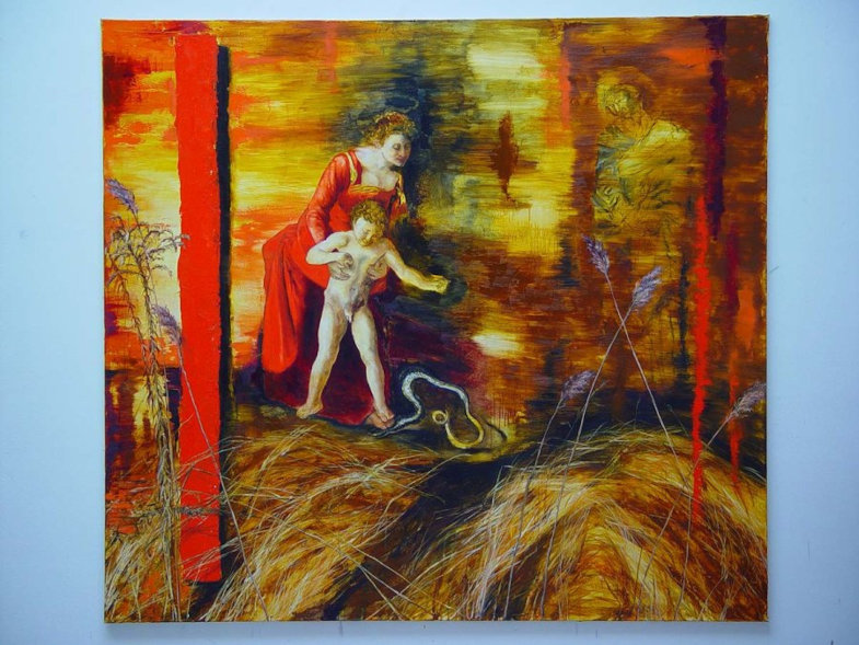 Maria lehrt den Jesusknaben dem Kopf der Schlange zu zertreten