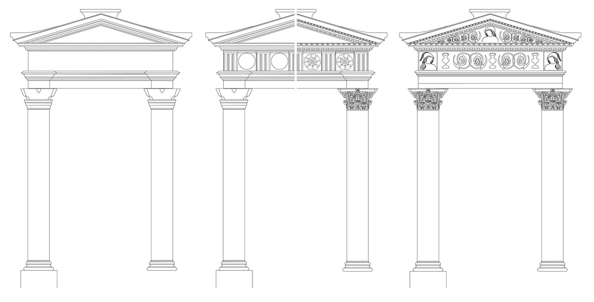 Abb. 4 Schematische Darstellung der kompositen nabatäischen Bauordnung mit möglichen Variationen des eher schlichten Dekors bzw. reichem ornamentalem Dekor.