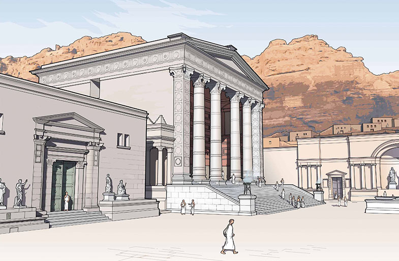 Abb. 9 Qasr al-Bint und Bâtiment B / Bau B von Nord-Ost (Rekonstruktionsvorschlag).