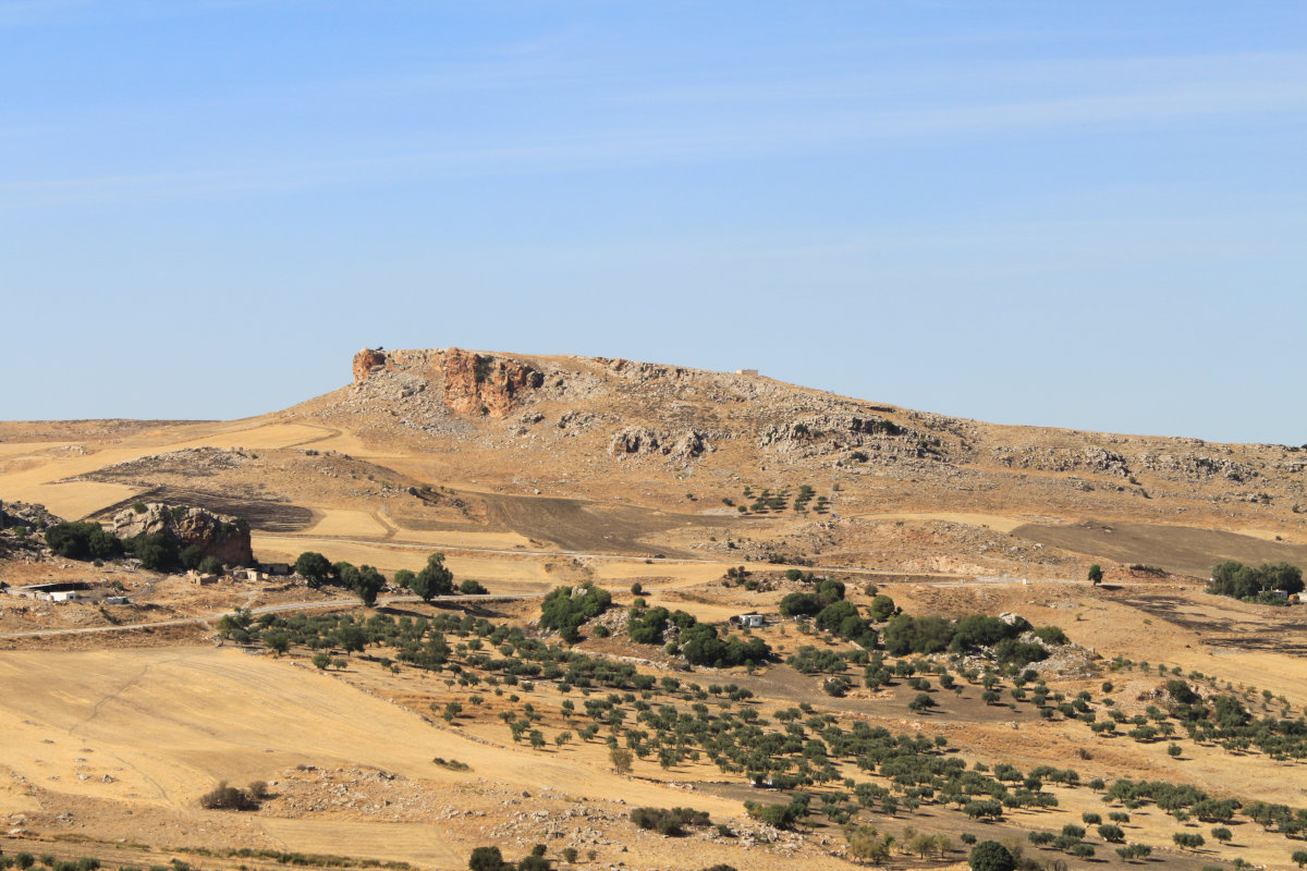 Der Kef Harrath von Thugga im Süden gesehen. Auf seinem Felsplateau befinden sich Reste einer spätantiken Fortifikation, die zusammen mit einer kleineren Anlage auf der links vorgelagerten Anhöhe den Zugang zum Hinterland von Thugga kontrollierte.